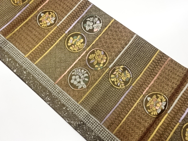 変わり横段に丸・花葉模様織出し名古屋帯